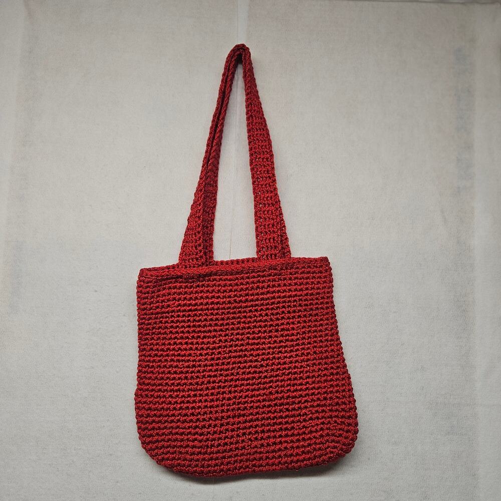 Handmade Red Crochet Tote Bag Woven Shoulder Handbag Casual Boho Purse